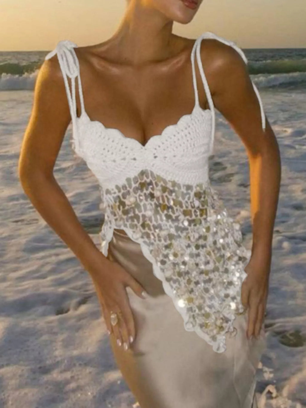 Sequin crochet cami top styled on model