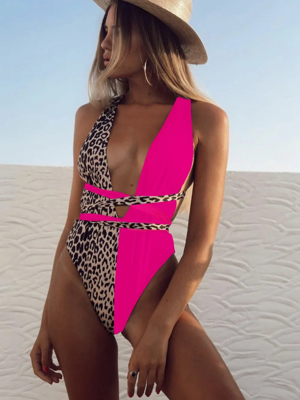 Hot pink plunge one piece swimsuit front view