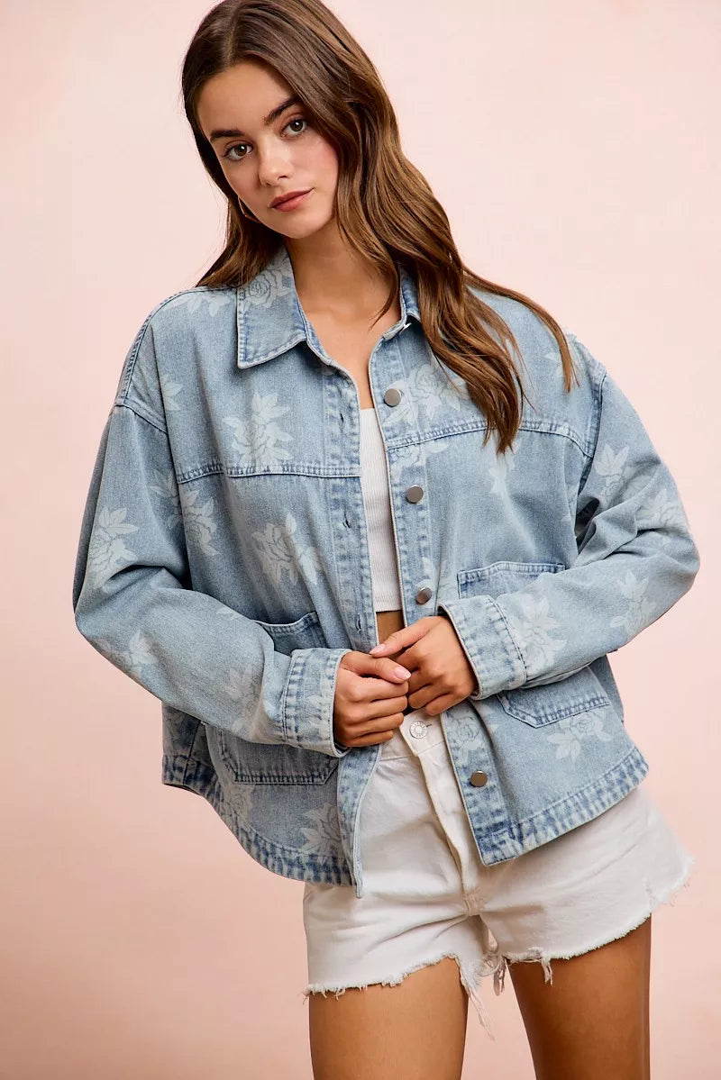 Light wash denim jacket fabric close up