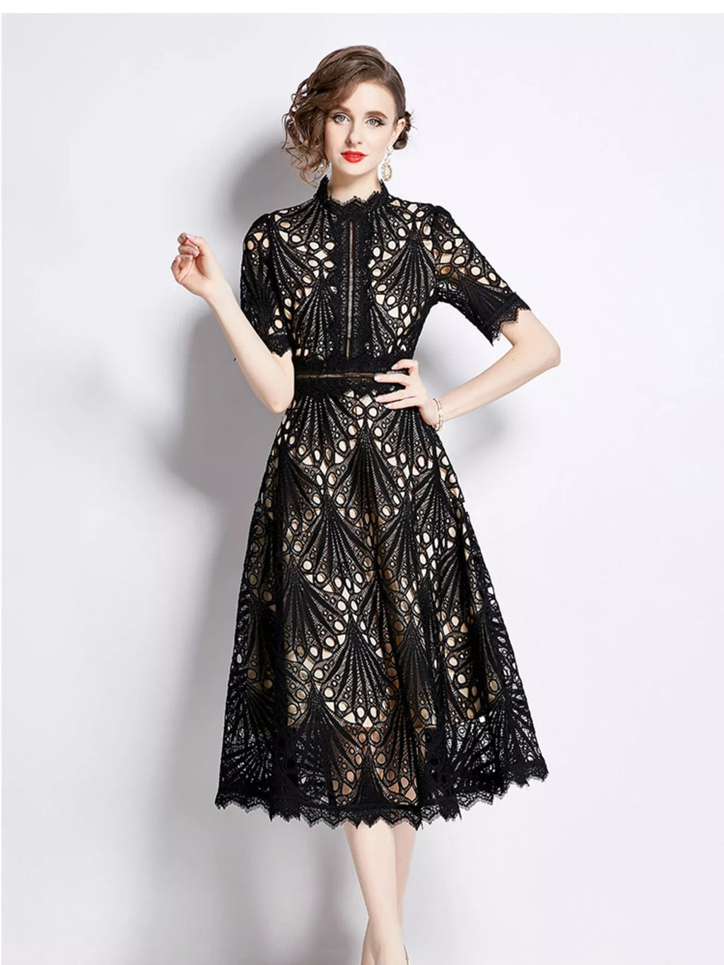 Light apricot lace midi dress side view on model