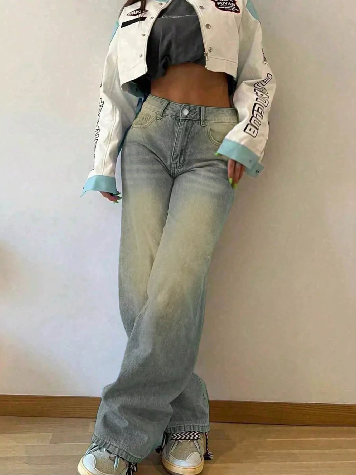Navy vintage wash wide leg jeans back view showing pockets
