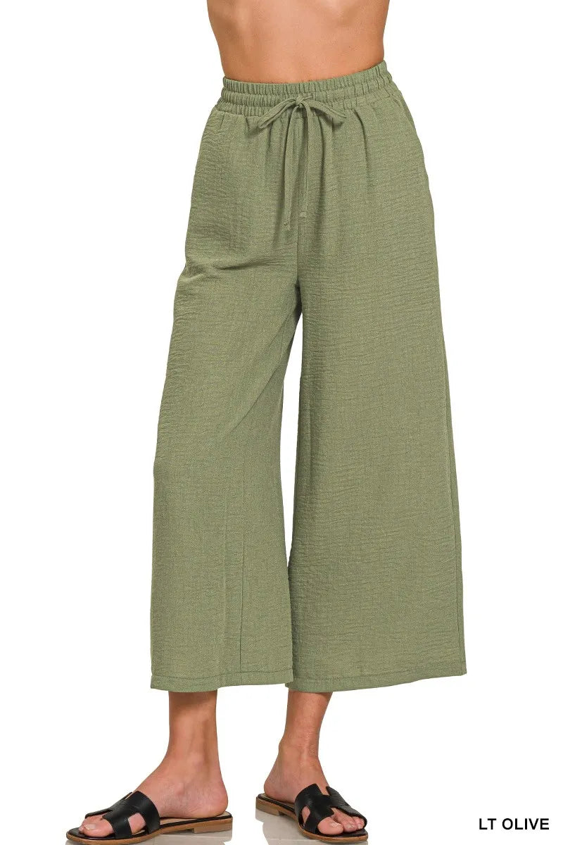 Woven crepe cropped pants front view in olive