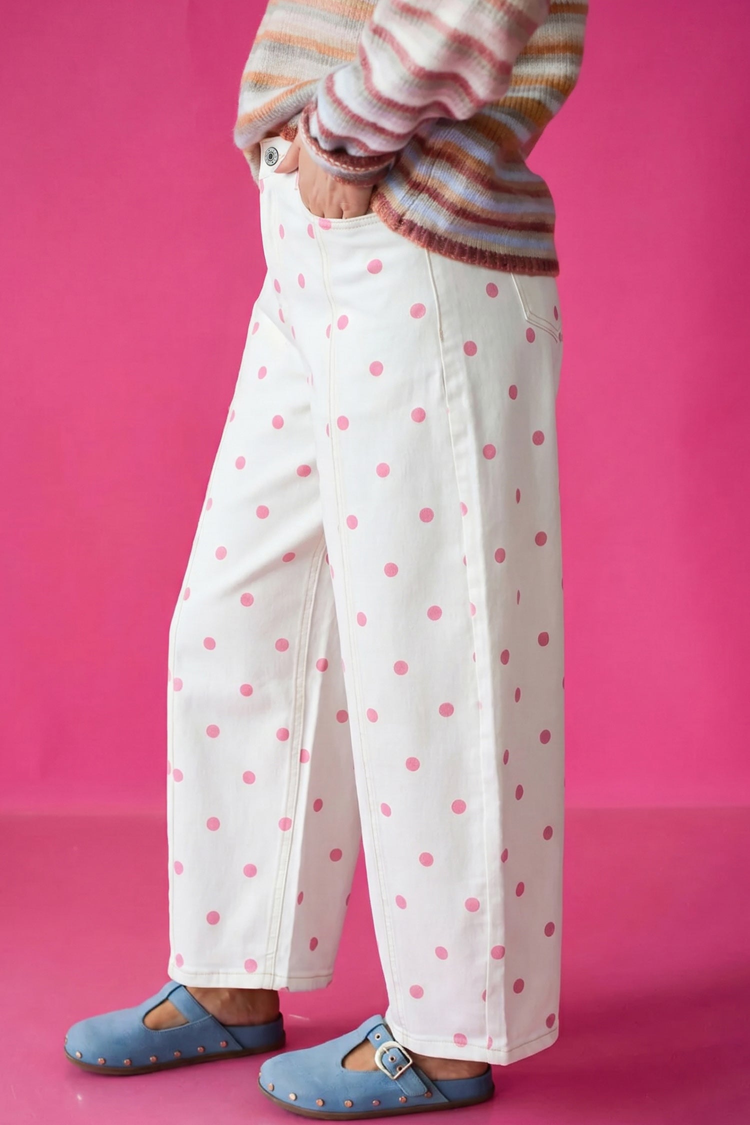 Blue Tailored Seam Polka Dot Print Barrel Casual Jeans