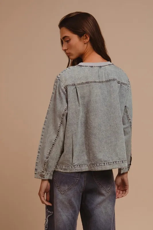 Checkered denim top side view showing fit