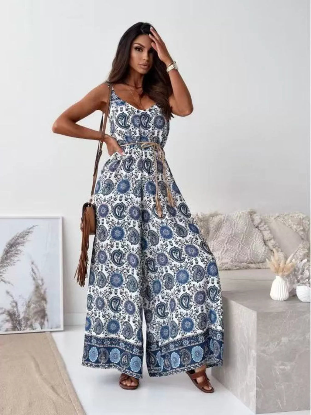 Printed spaghetti strap wide leg jumpsuit front view