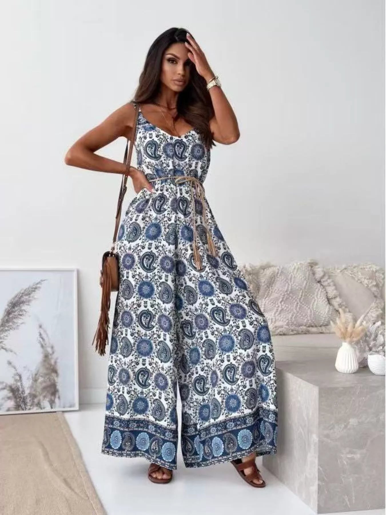 Printed spaghetti strap wide leg jumpsuit front view