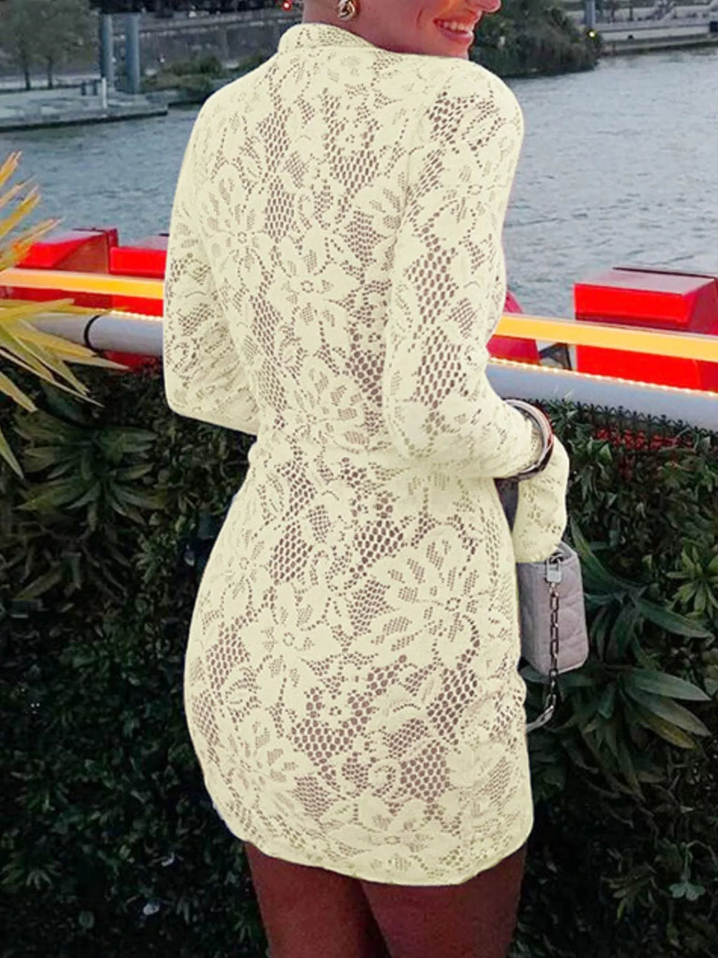 Lace cutout long sleeve mini dress fabric texture close up