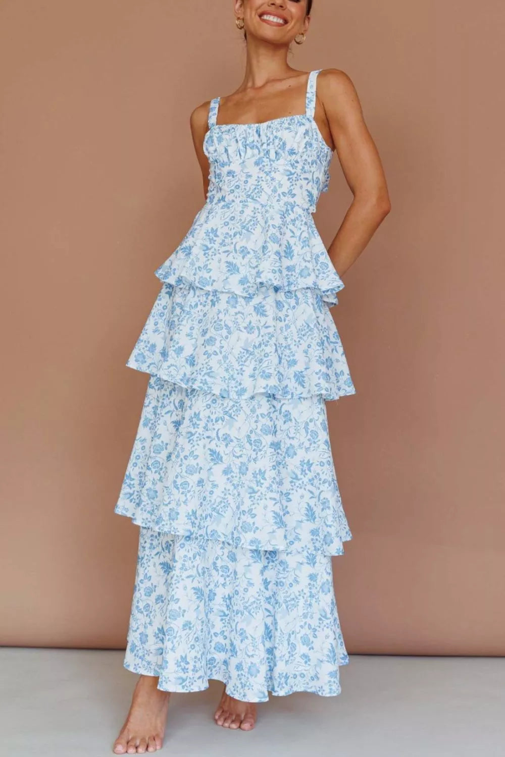 Floral tiered maxi dress front view