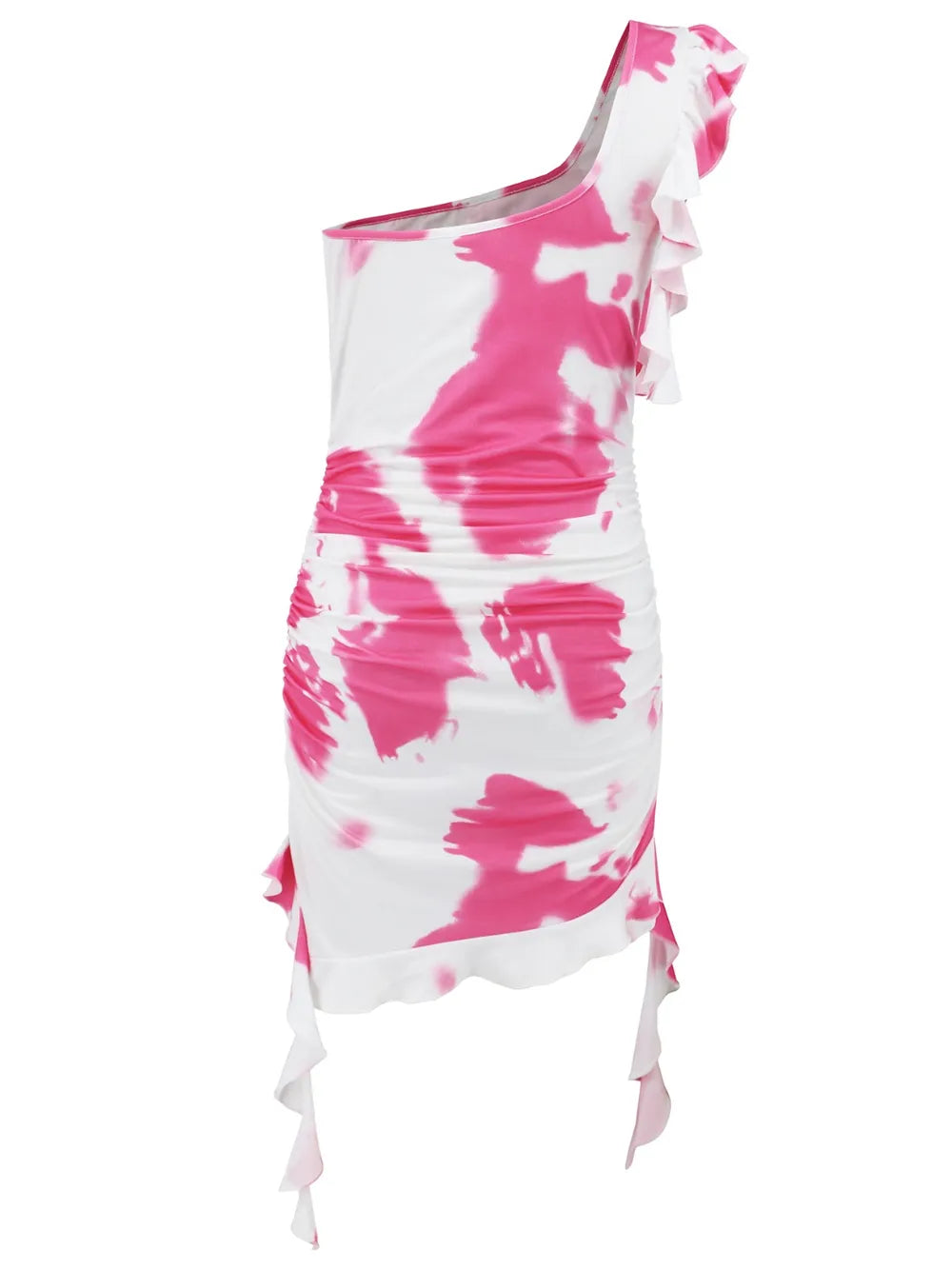 Pink tie dye one shoulder mini dress back view