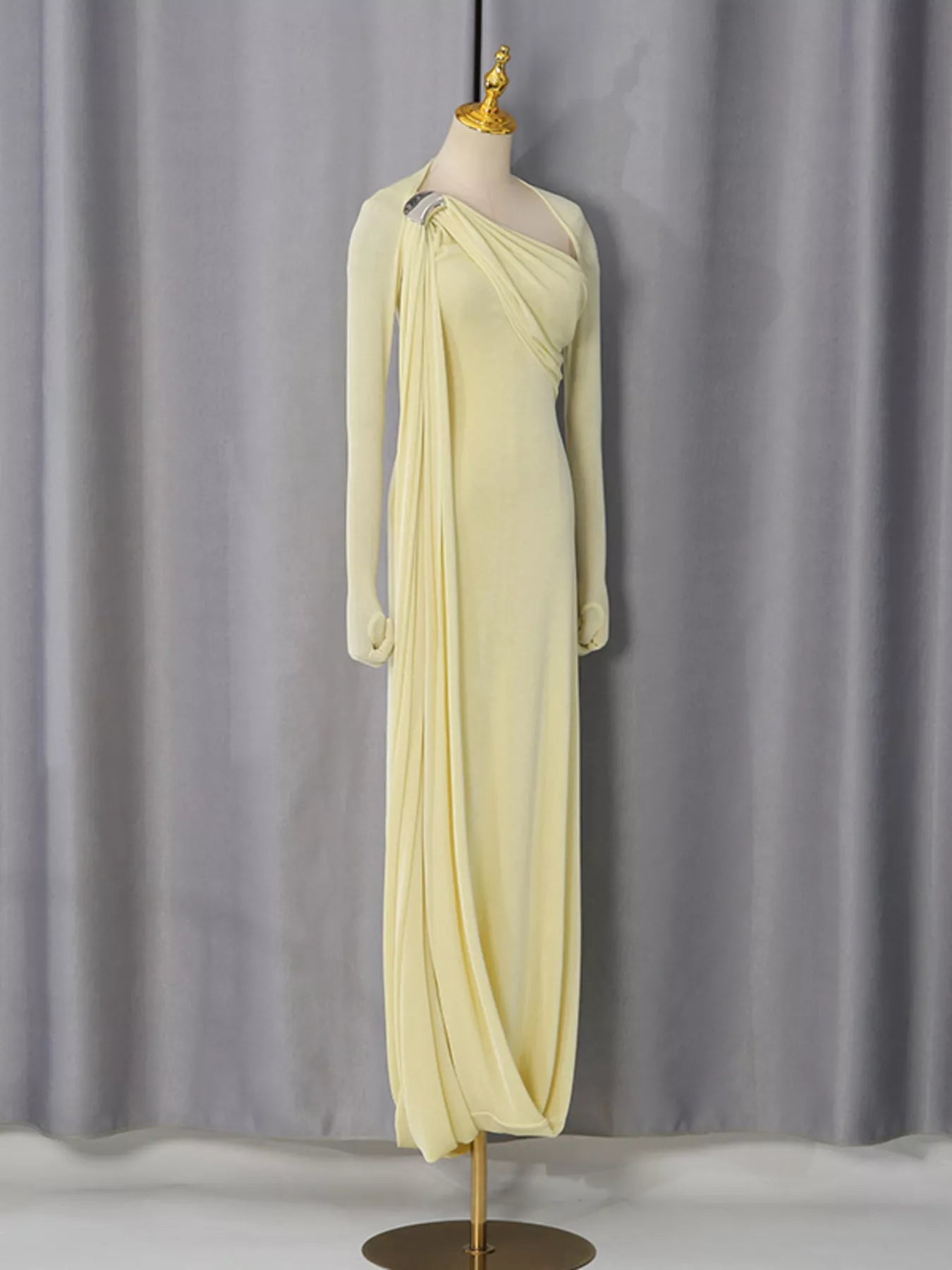 Brown draped maxi dress full length view