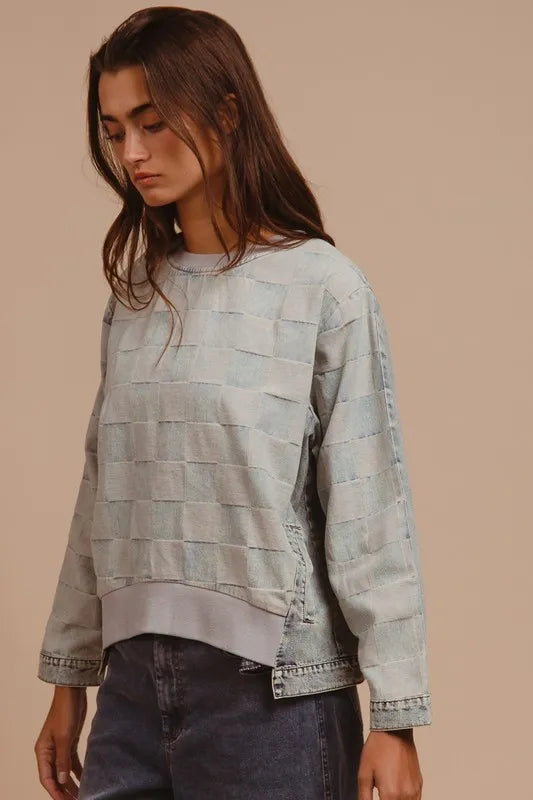 Mineral washed denim top round neck detail on model