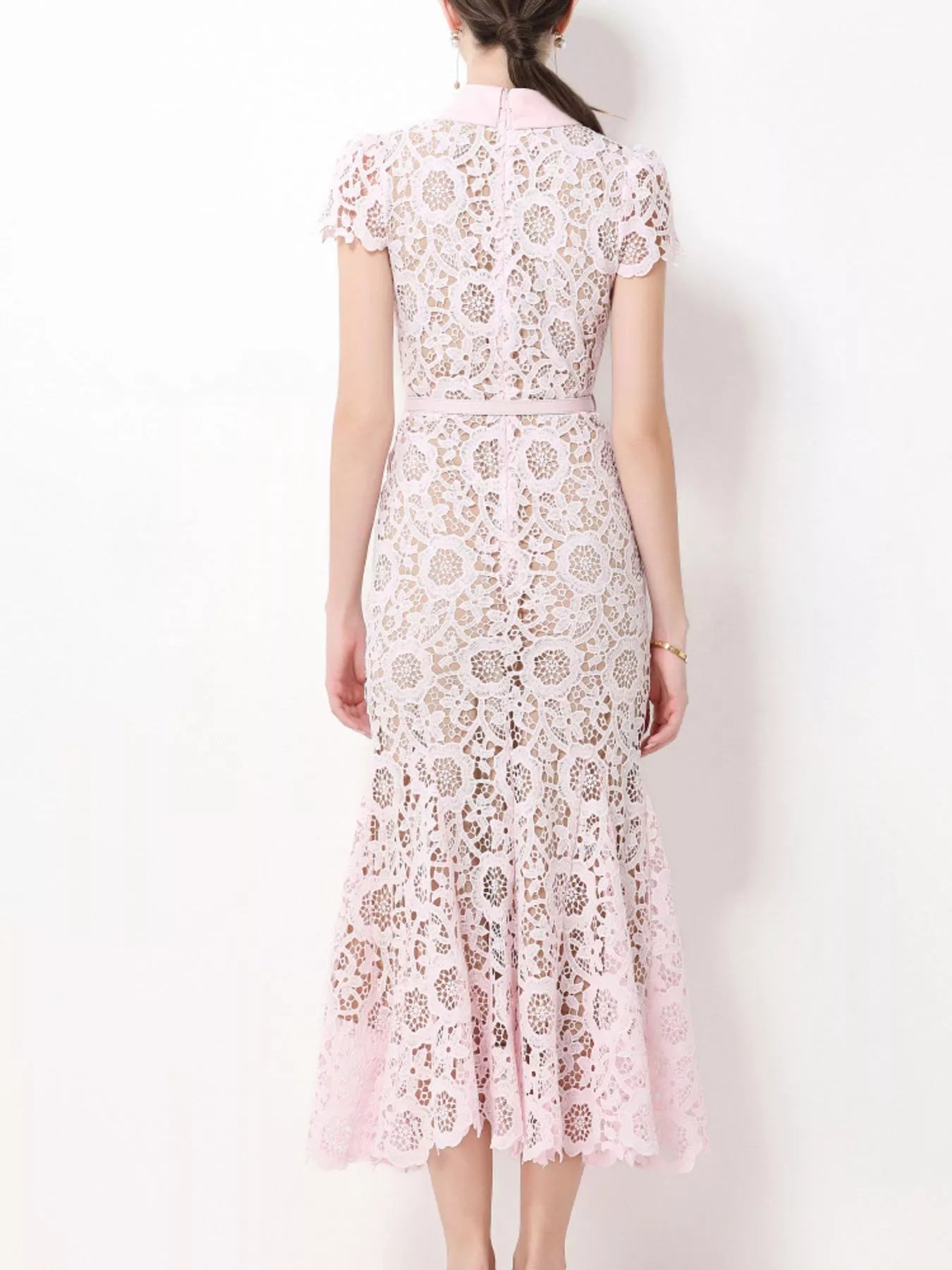 Lace short sleeve midi dress styled look