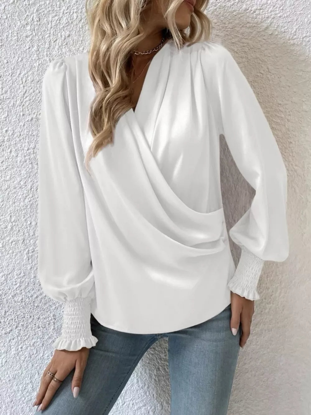 Lantern sleeve blouse in tan front view
