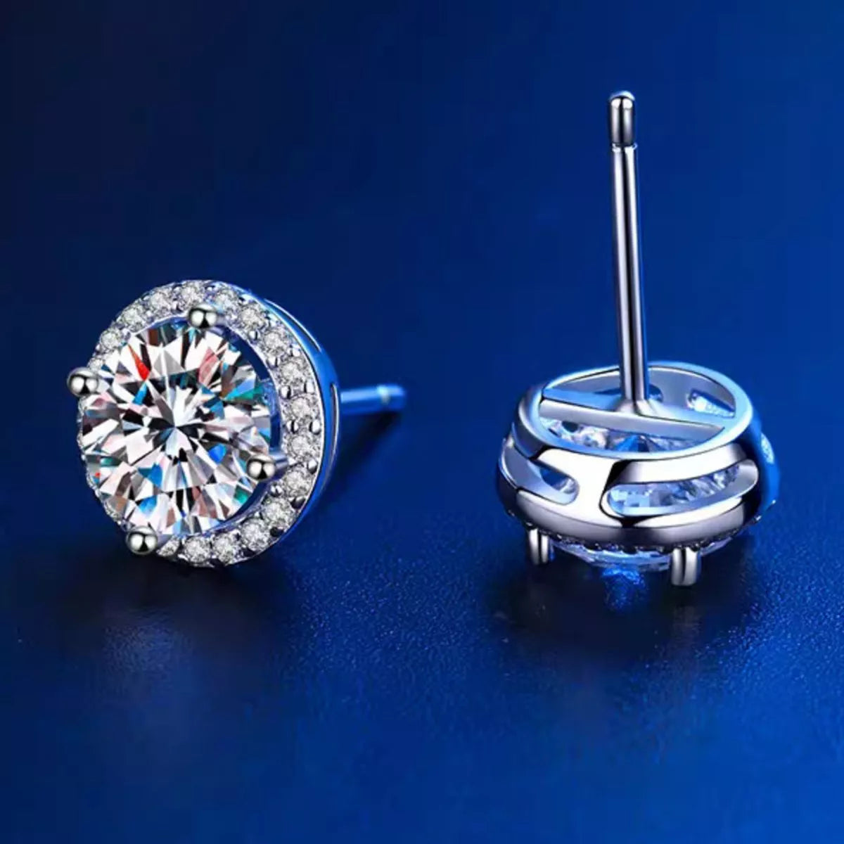 Silver moissanite studs pair side view