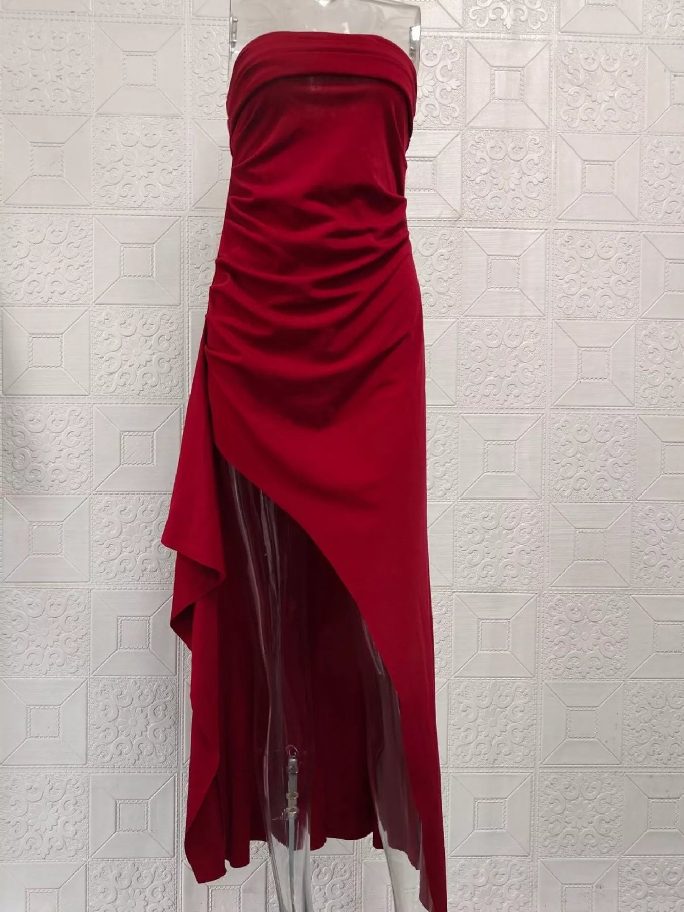 Back view of strapless ruched maxi dress