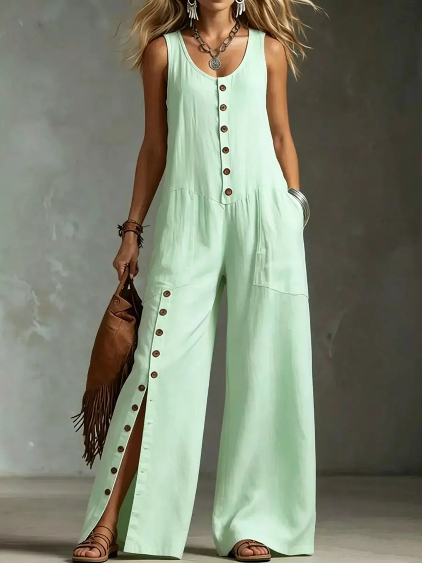 Green sleeveless button front wide leg jumpsuit front view