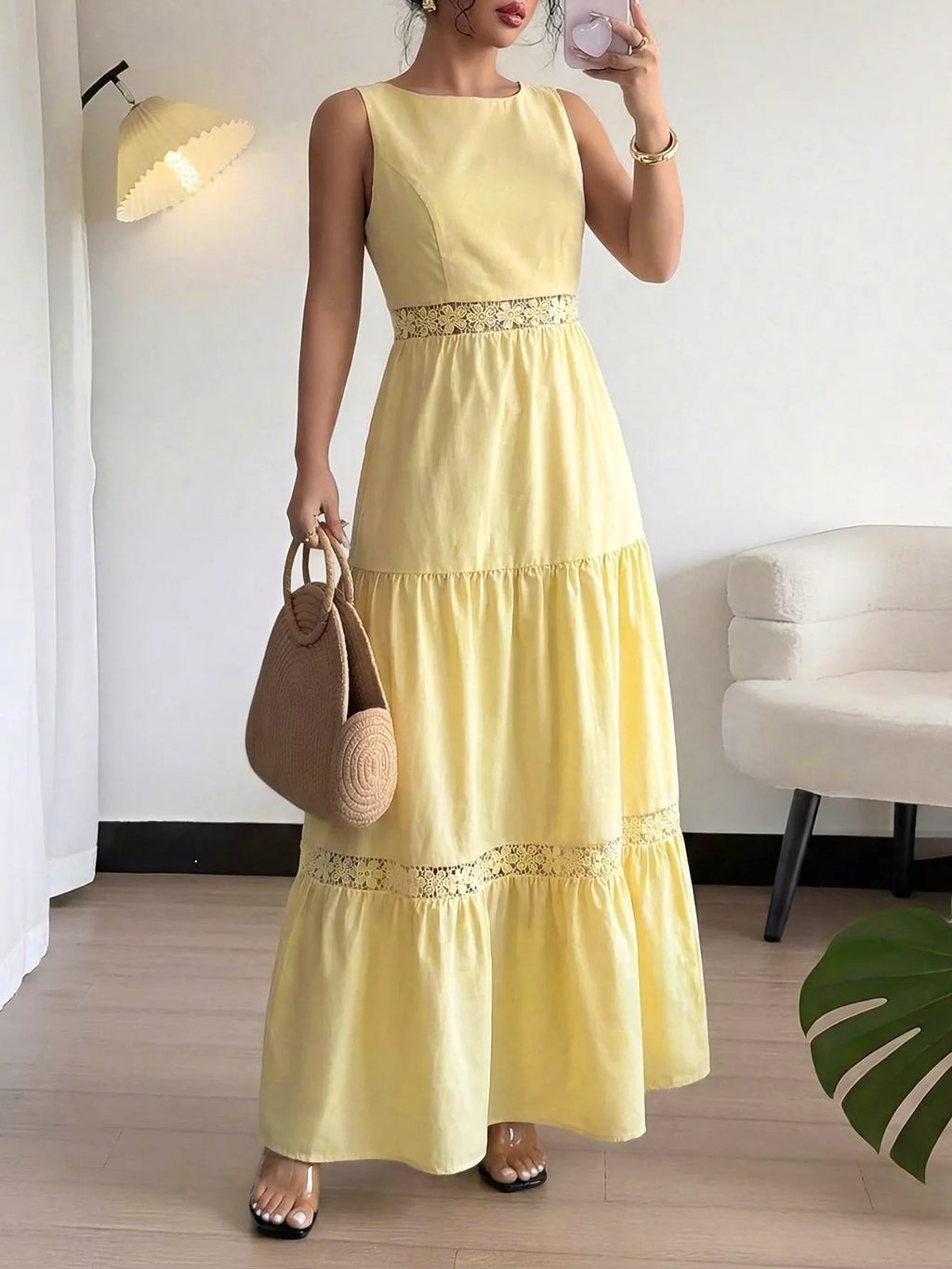 Tiered maxi dress side view showing flowing lace trim skirt