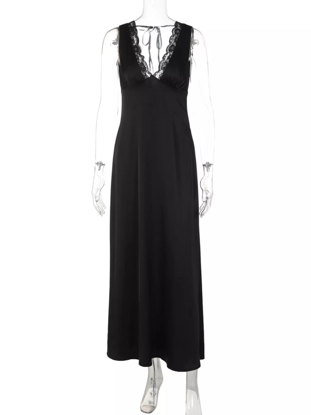 Black lace trim v neck maxi dress styled outfit