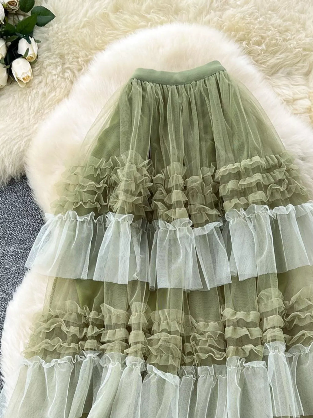 Frill edge detail on tiered tulle skirt