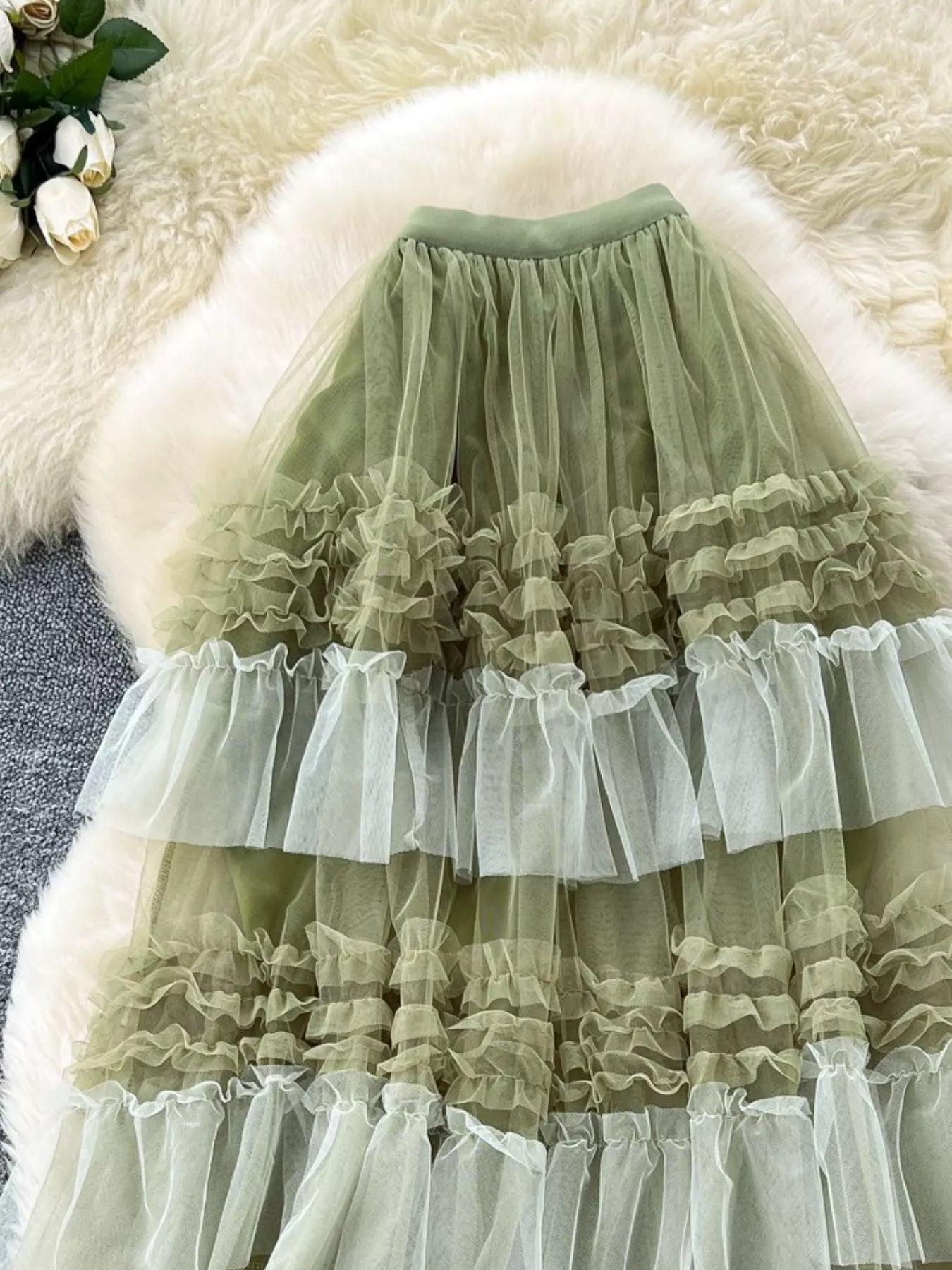 Frill edge detail on tiered tulle skirt