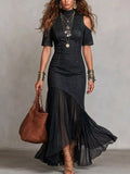 Mock neck cold shoulder ruffle hem maxi dress front view