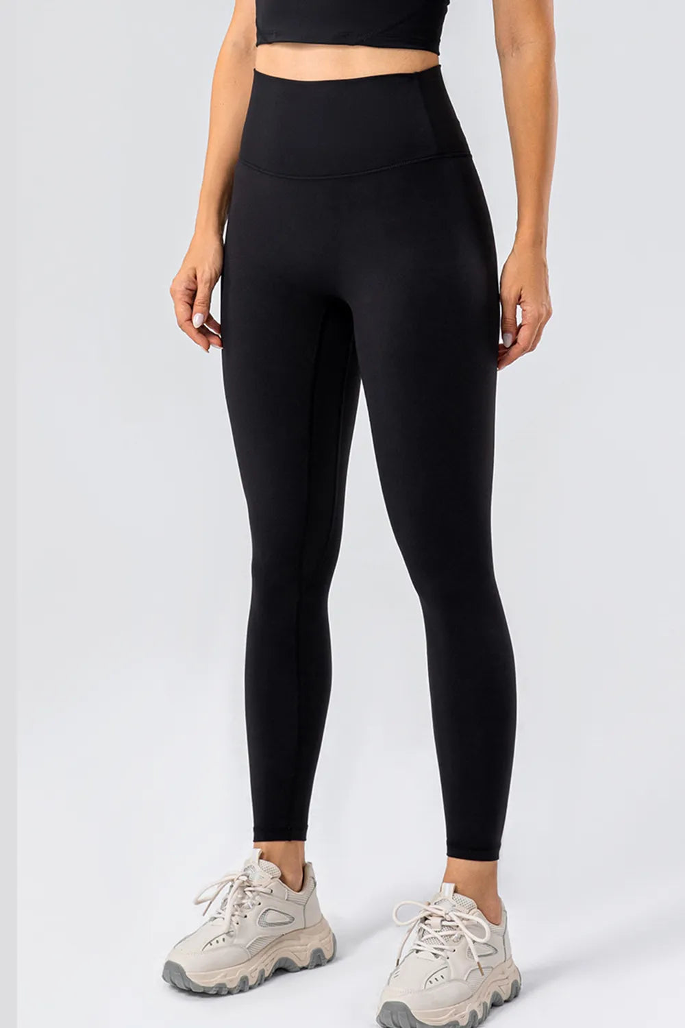 Camel high waist active leggings on model