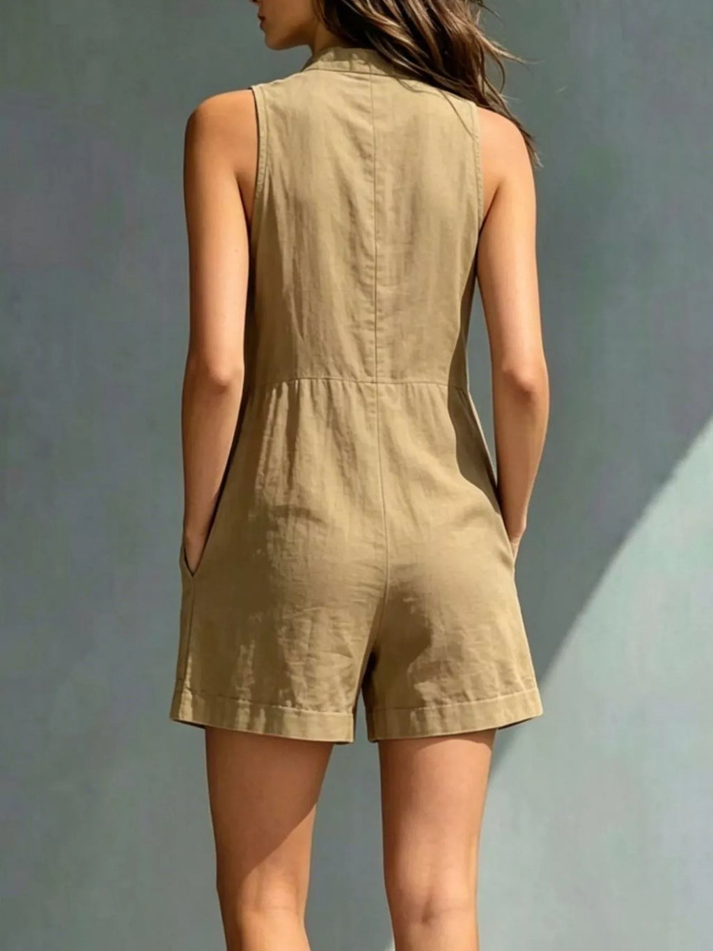 Plus size sleeveless romper styled full length view
