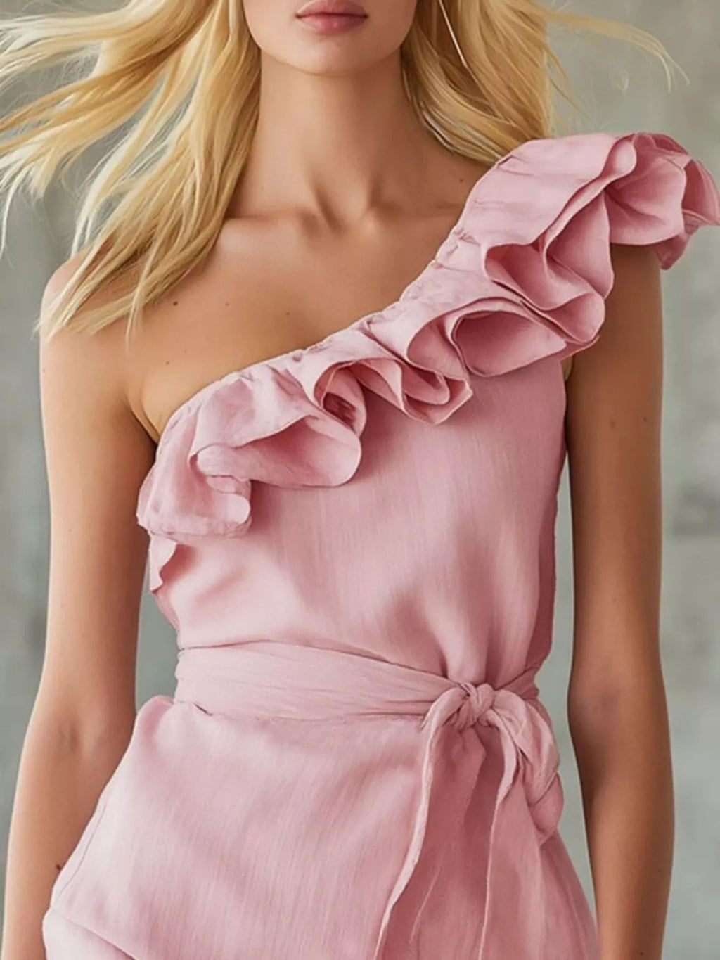 One shoulder dress ruffle detail close up