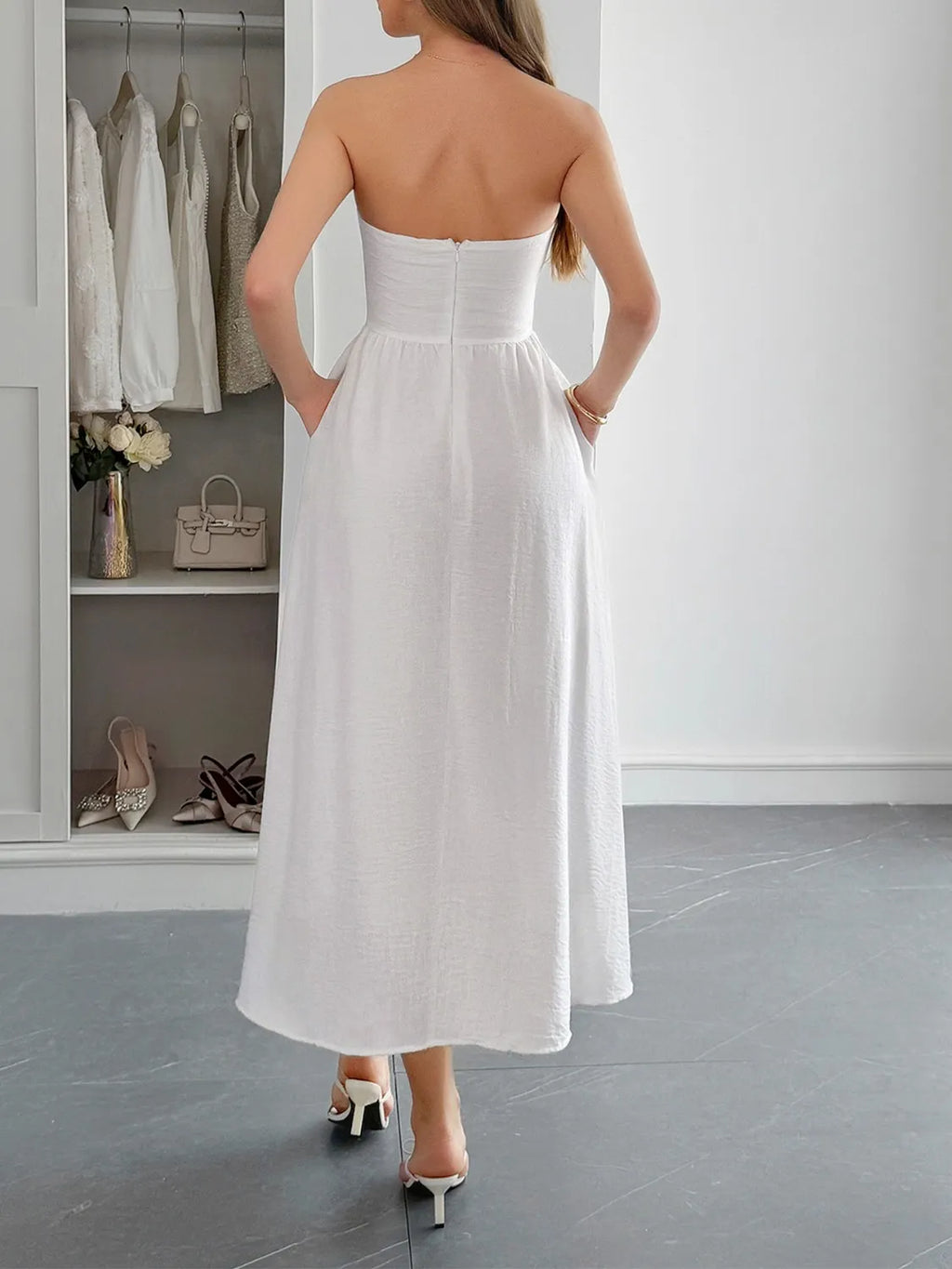Scarlet strapless midi dress front view
