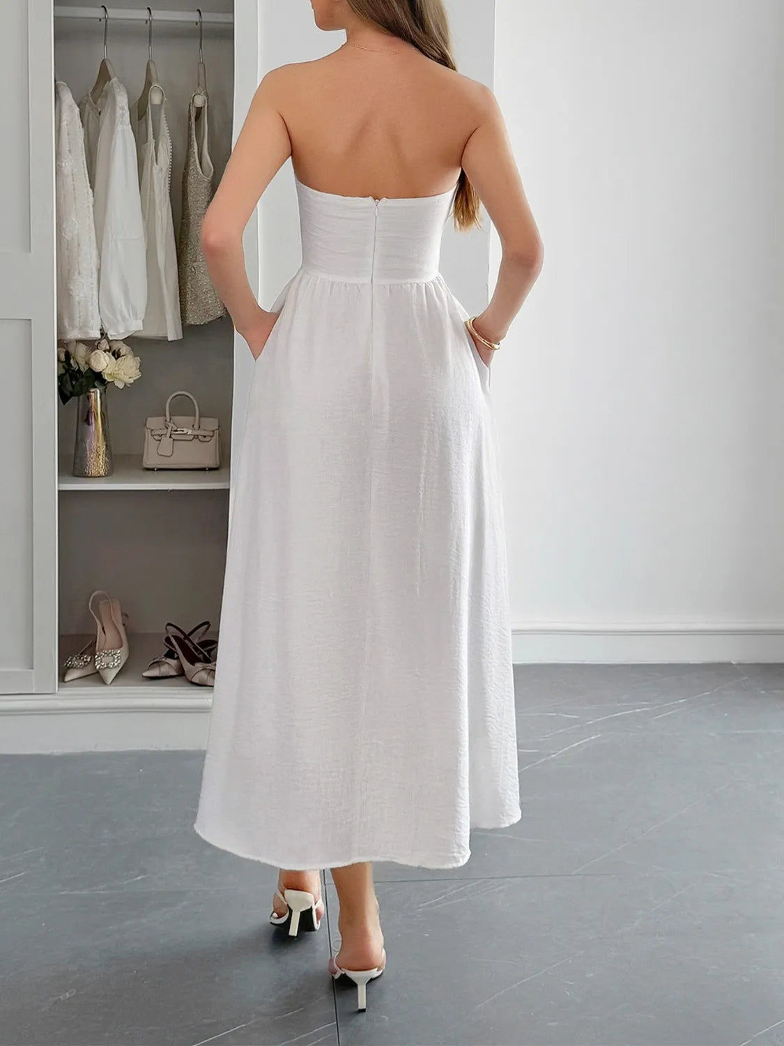 Scarlet strapless midi dress front view