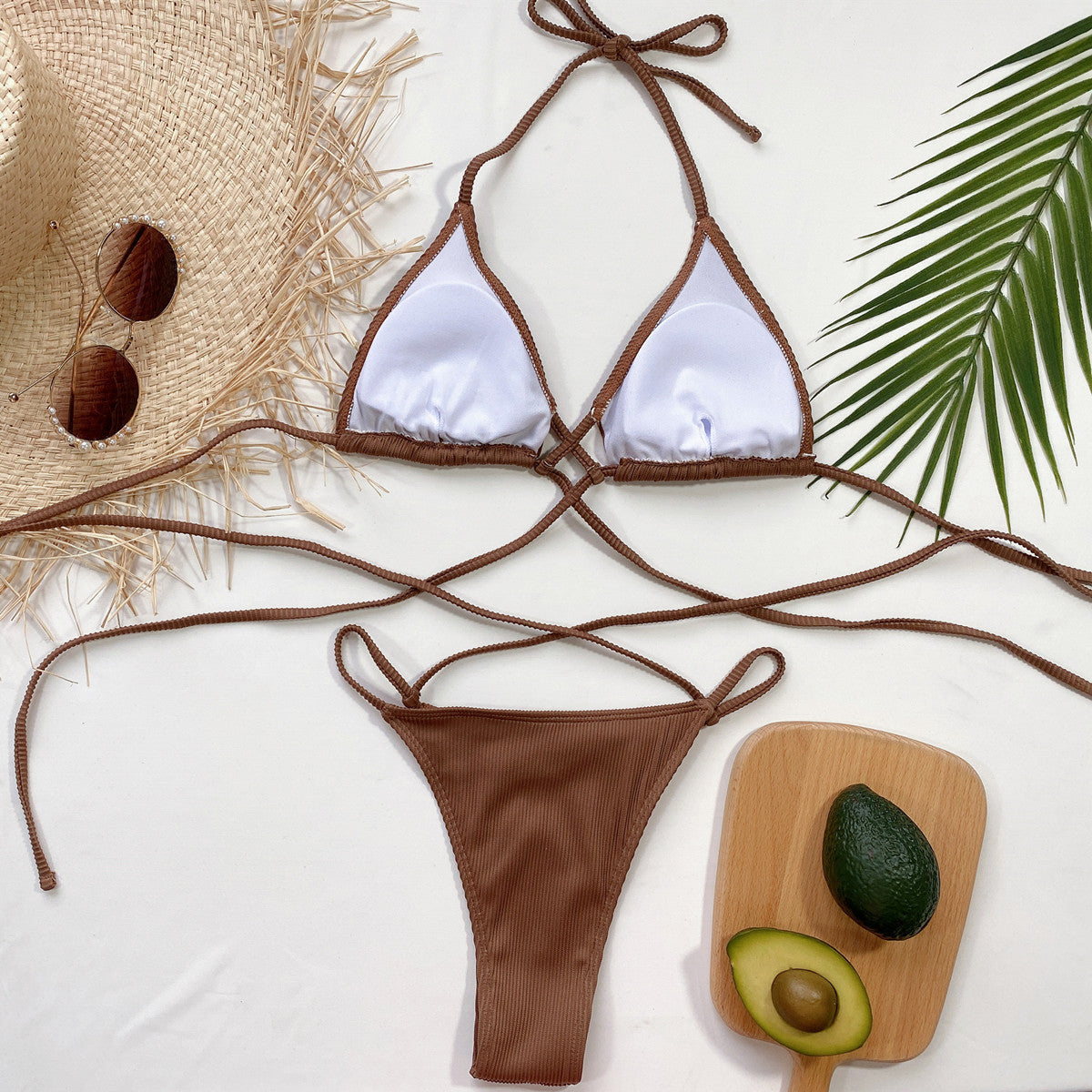 Ribbed halter bikini rear tie detail