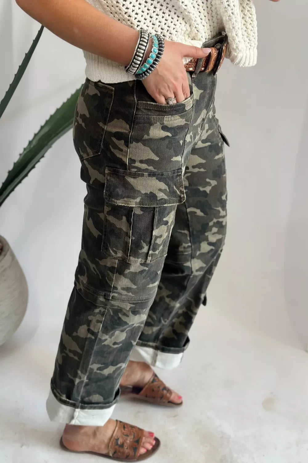 Camo cargo denim pants back view showing pockets
