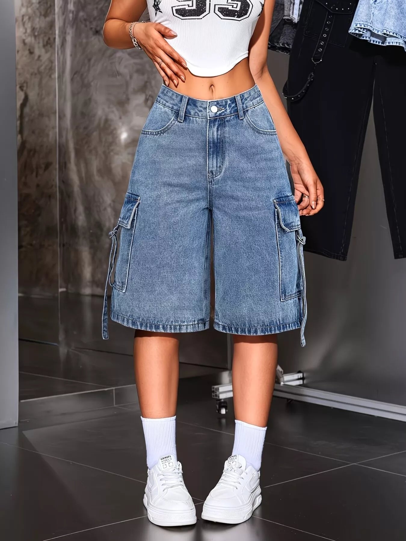 Cargo denim capris back view showing pockets