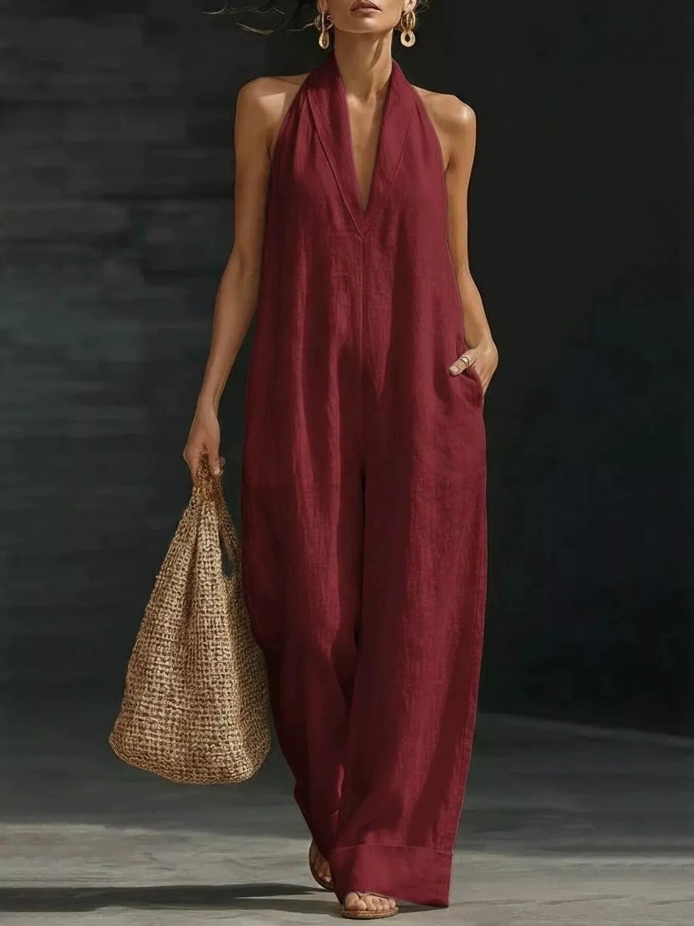 Sky blue halter jumpsuit styled look