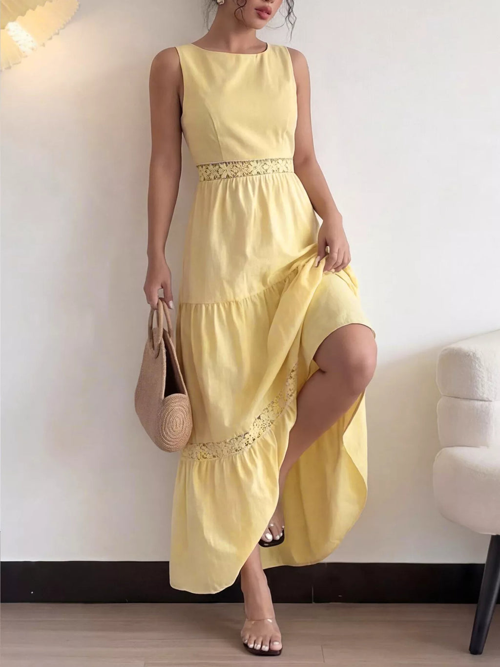 Lace trim sleeveless tiered maxi dress front view in yellow