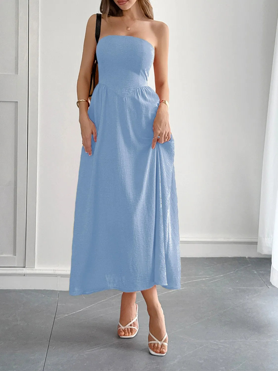 Light blue a line midi dress pocket detail