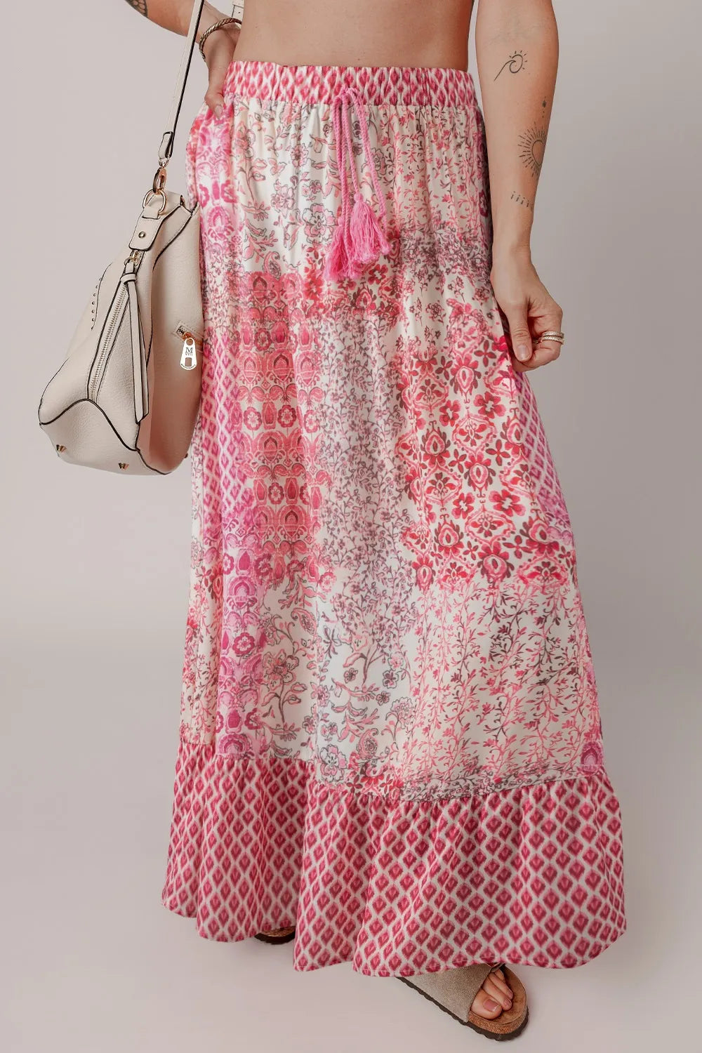 Printed tassel drawstring high waist maxi skirt front view