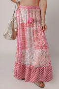 Printed tassel drawstring high waist maxi skirt front view