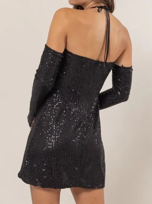 Sequin mini dress halter rosette detail close up