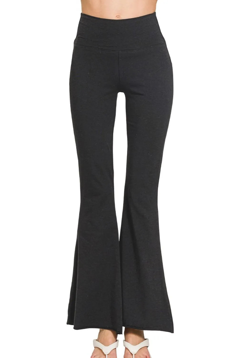 Black high waisted flare yoga pants front view