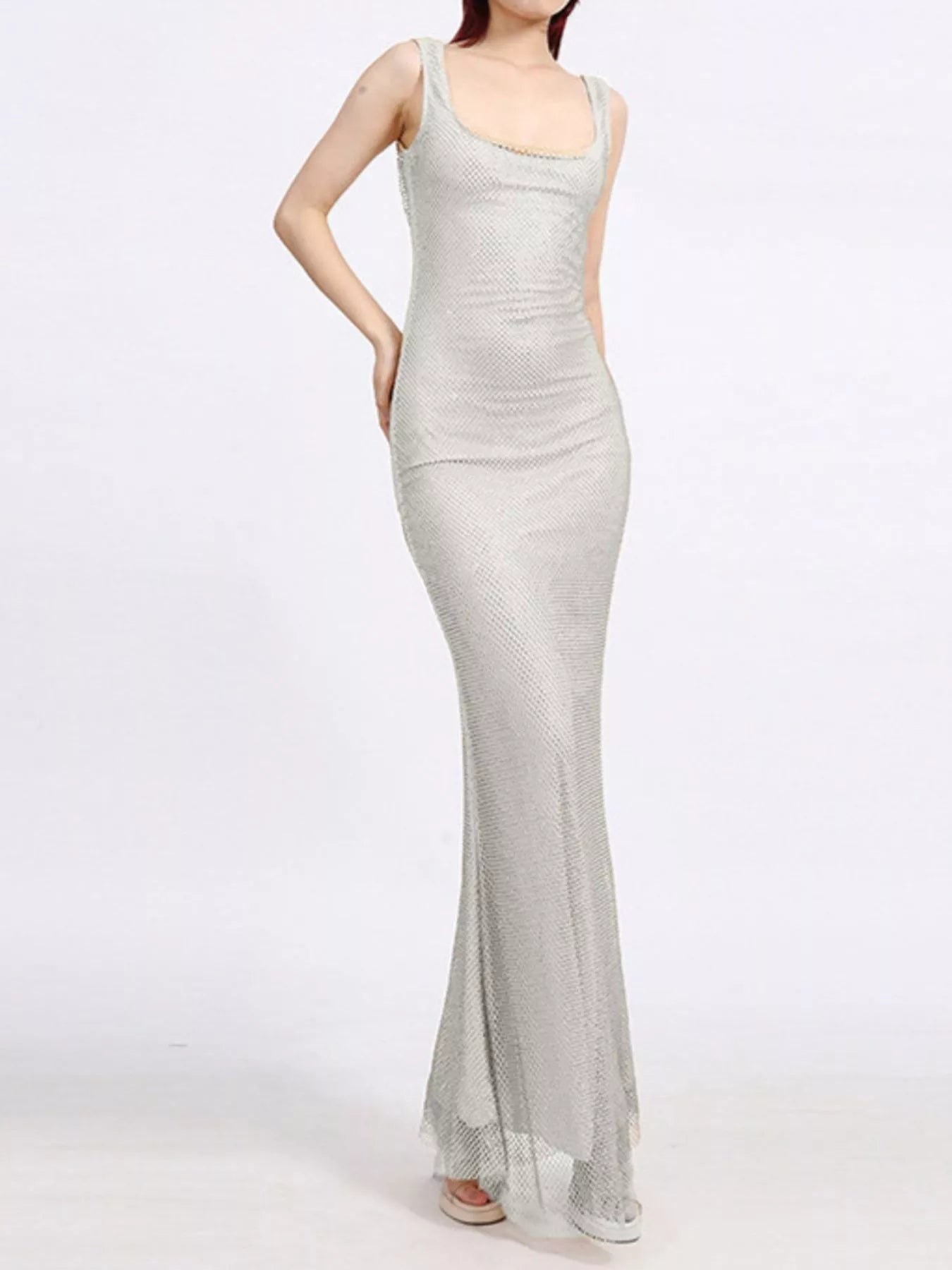 Backless scoop neck sequin maxi dress angled view