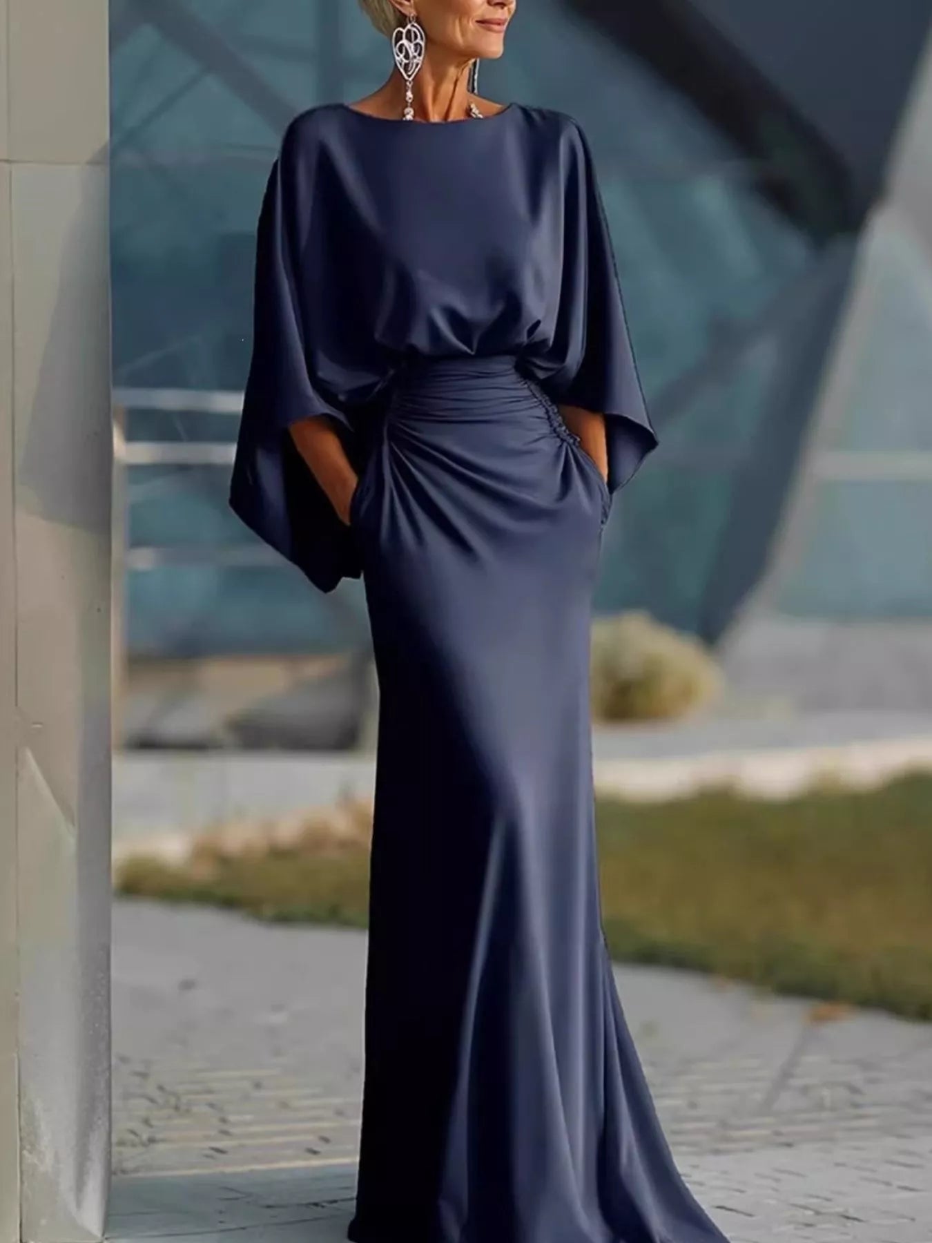 Batwing sleeve ruched maxi dress styled