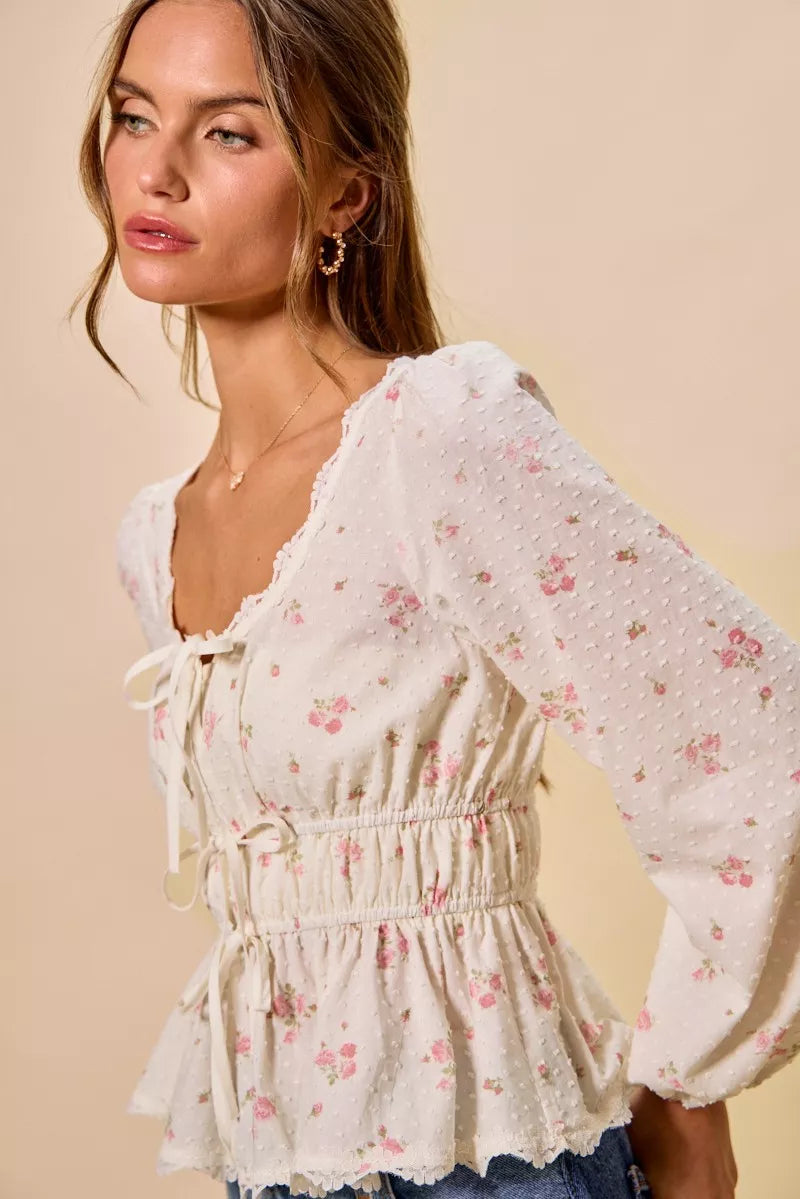 White clip dot blouse back view showing fit