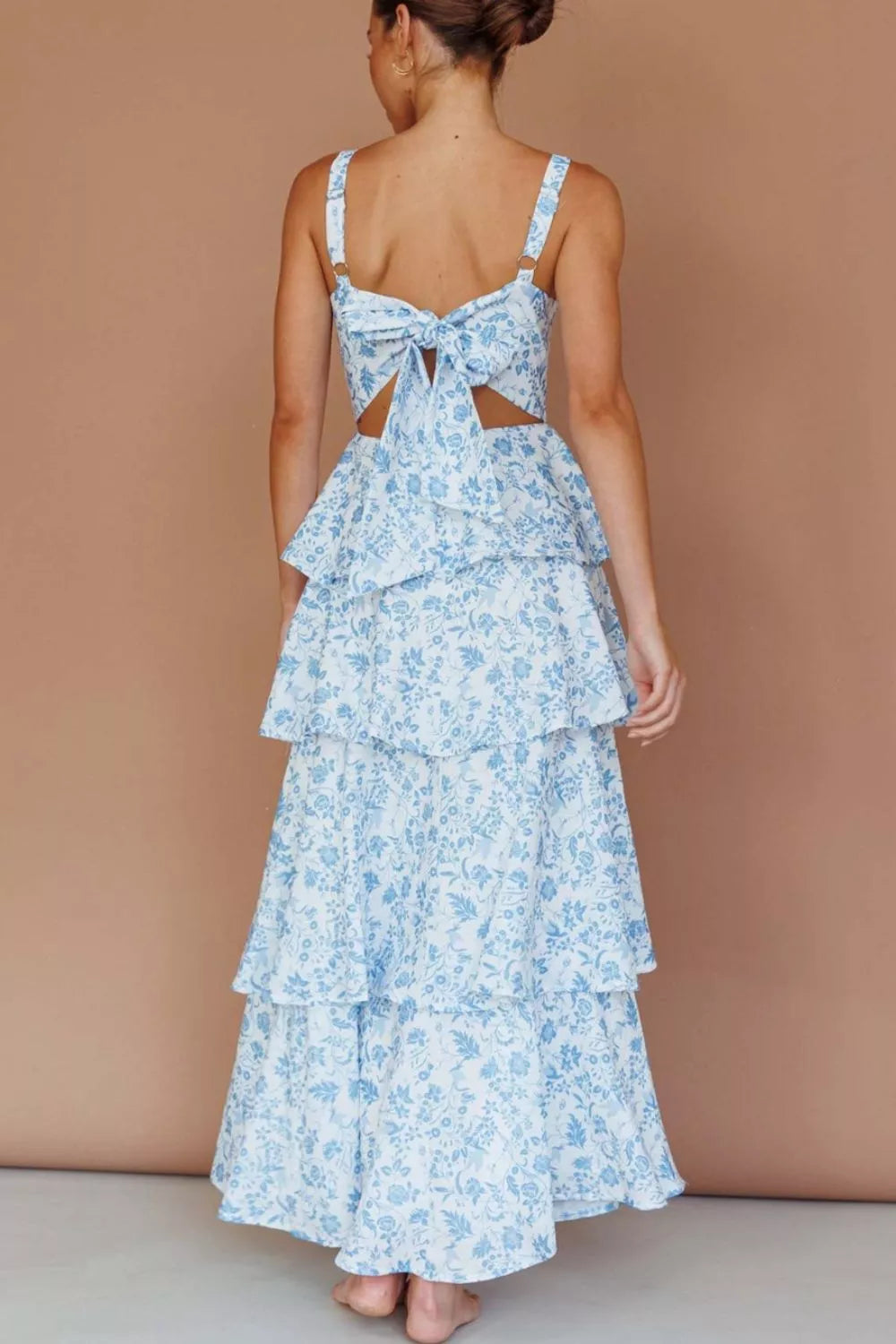 Light blue floral maxi dress on model