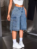 Blue loose fit cargo denim capri jeans front view on model