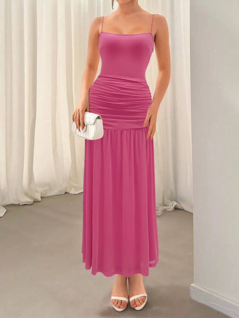 Ruched cami maxi dress styled on model