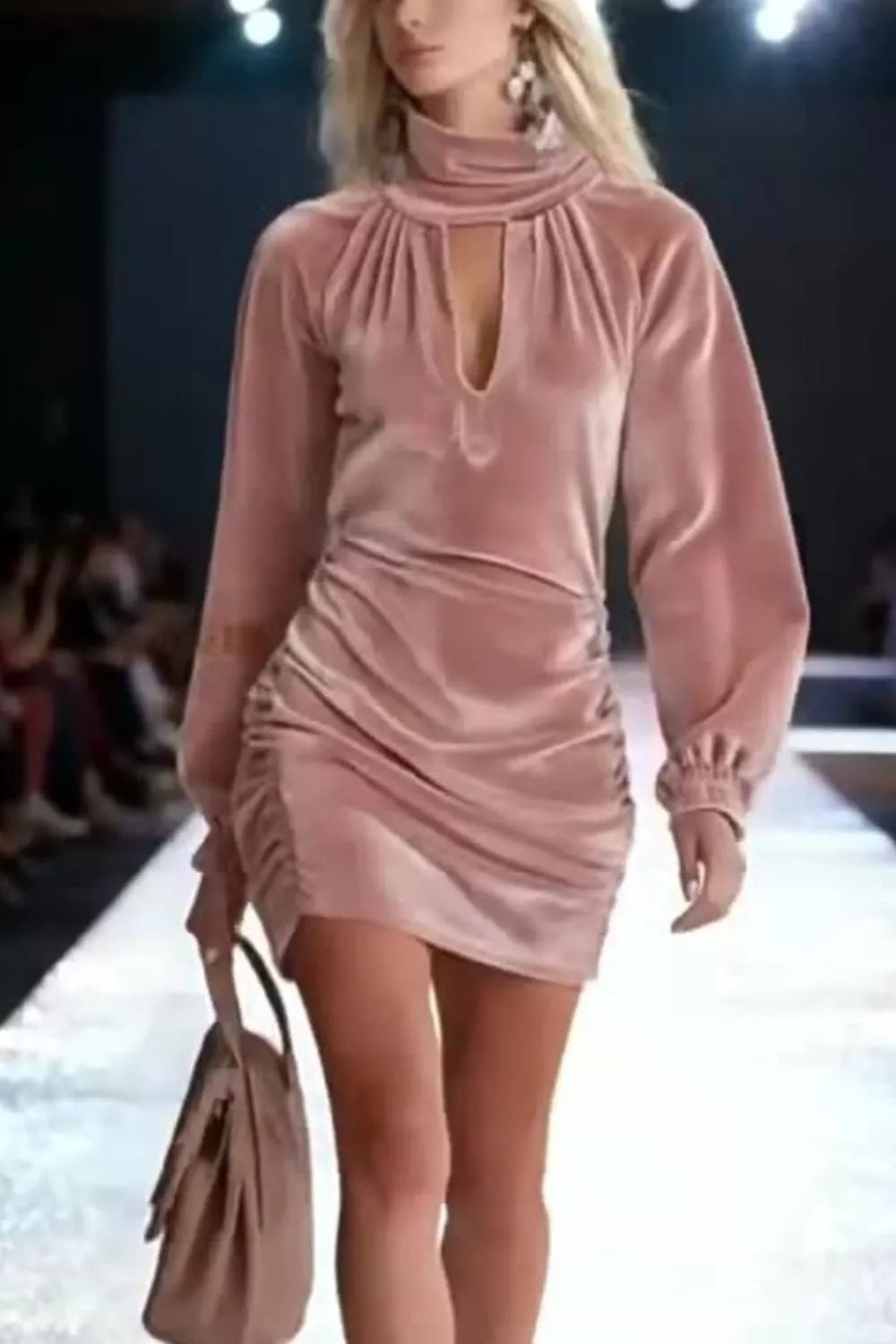Dusty pink velvet mini dress cutout detail close up