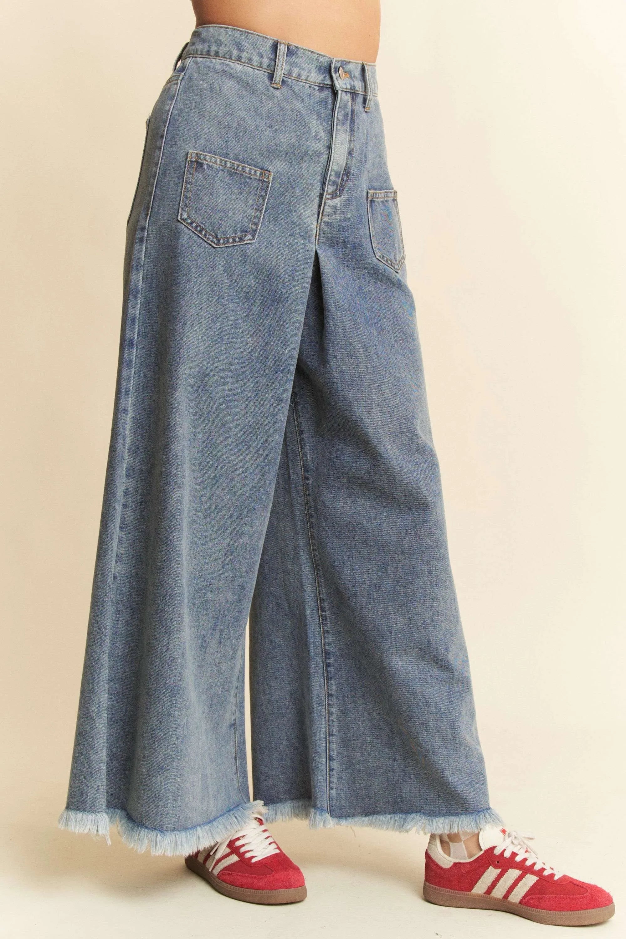 High rise culotte jeans raw hem detail