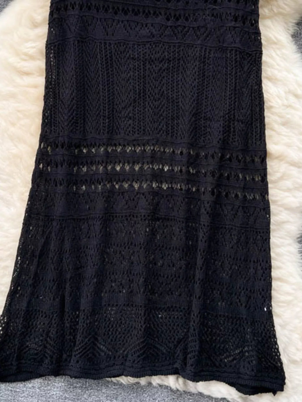 Openwork knit maxi skirt close up of fabric texture