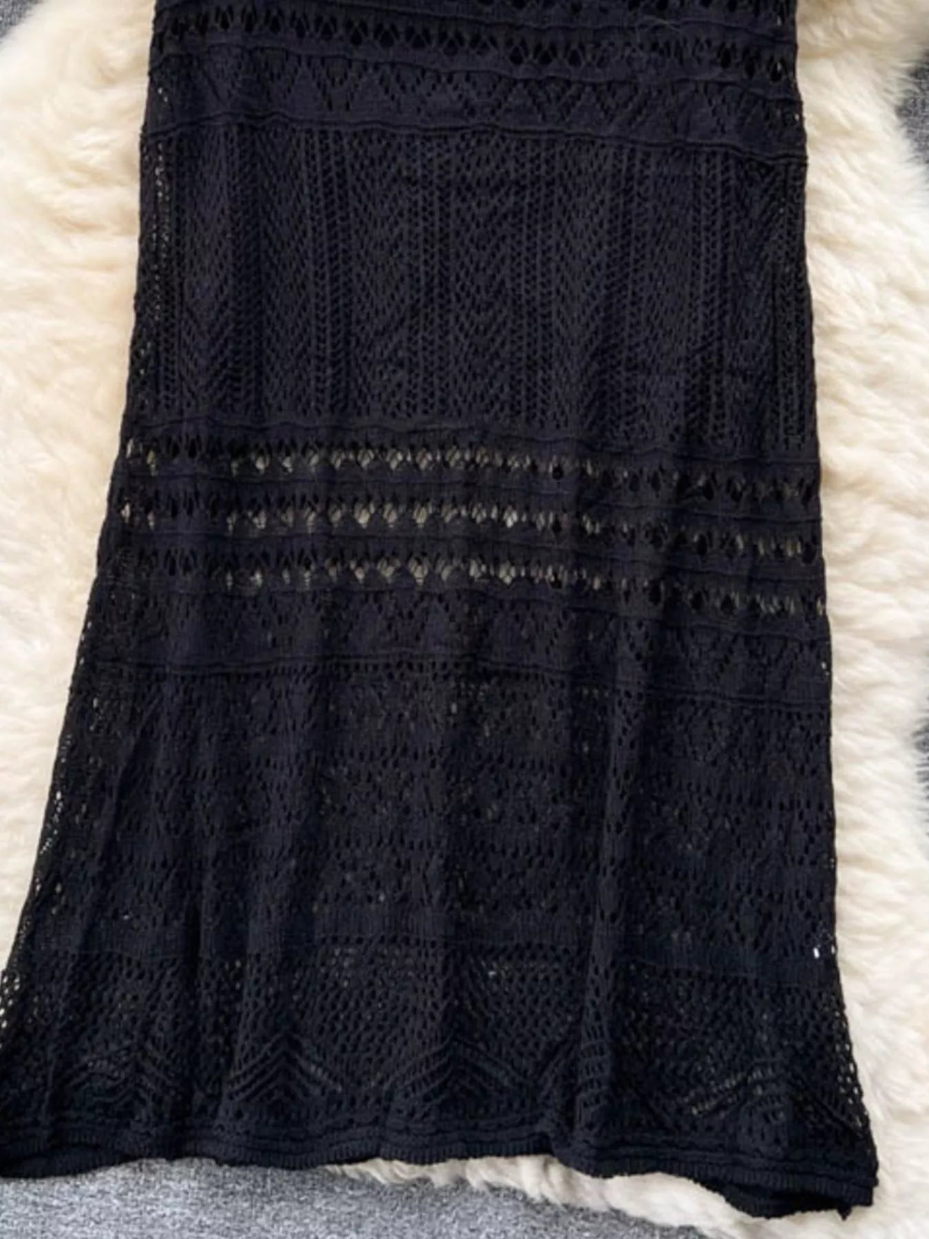 Openwork knit maxi skirt close up of fabric texture